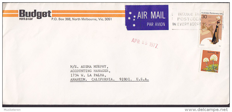 Australia Airmail Par Avion Label BUDGET Rent A Car MELBOURNE 1977 Cover Performing ANAHIM Calif. USA Arts Stamp - Brieven En Documenten