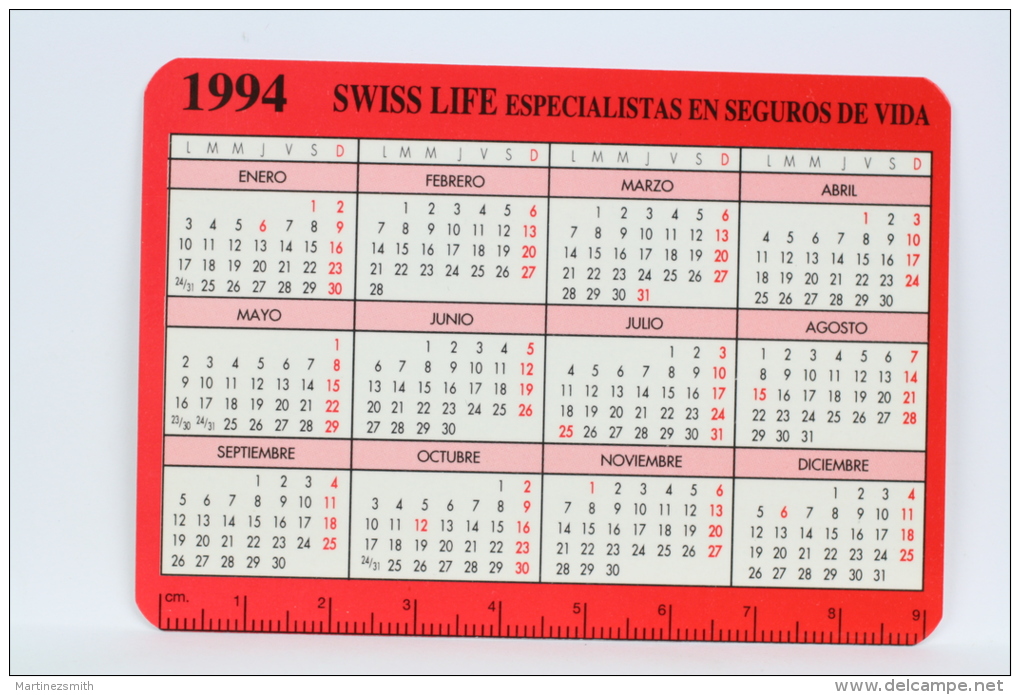 1994 Small/ Pocket Calendar - Swiss Life Spain - Life Insurance Specialists - Tamaño Pequeño : 1991-00