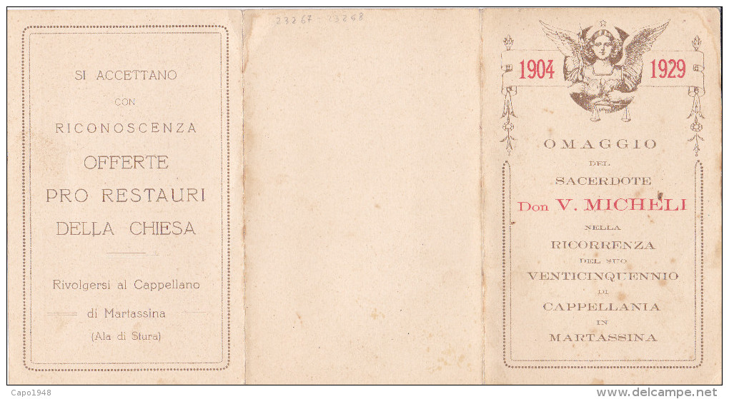 CARD MARTASSINA RICORRENZA DEI 25 ANNI DI CAPPELLANIA 1904-1929 VEDI 2 SCANNER  (TORINO) -2-0882-23267-268 - Altri & Non Classificati