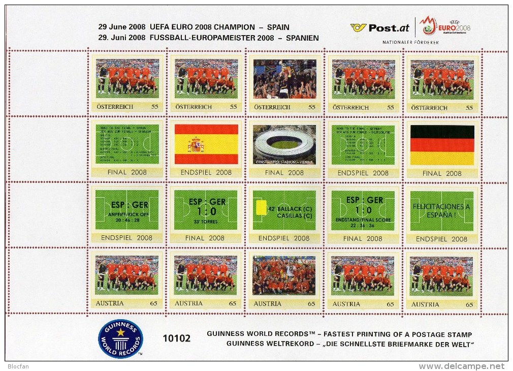 Europa-Champion Team Espana 2008 Österreich ZD 5 Im Kleinbogen ** 5€ Fussball-EM Hoja Hb M/s Soccer Se-tenant Bf Austria - Personalisierte Briefmarken