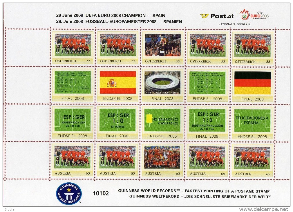 Europa-Champion Team Espana 2008 Österreich ZD 6 Im Kleinbogen ** 6€ Fussball-EM Hoja Hb M/s Soccer Se-tenant Bf Austria - Persoonlijke Postzegels