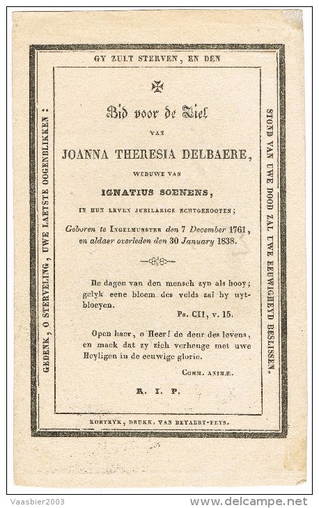 INGELMUNSTER , Doodsprentje Van Joanna Theresia DELBAERE + 1838 ! ! - Religion & Esotérisme