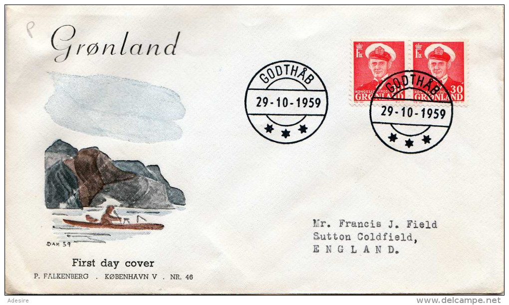 GRÖNLAND 1959 - First Day Cover 2 Fach Frankiert Gel.v. Godthäb N.England - FDC