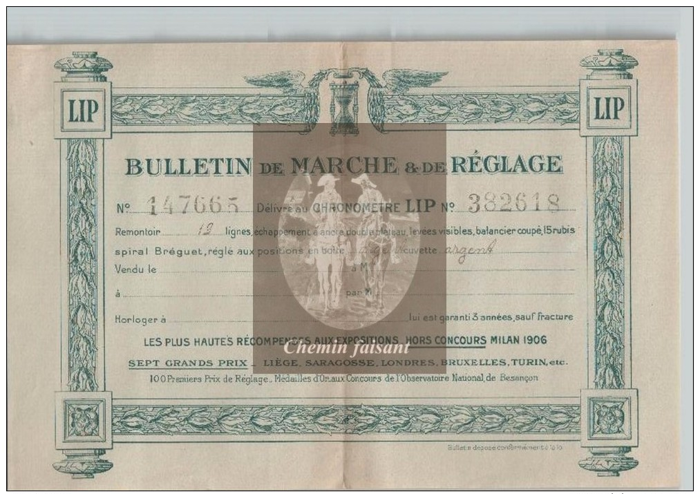 Document Du ?? Bulletin De Marche & De Réglage CHRONOMETRE LIP - 1900 – 1949