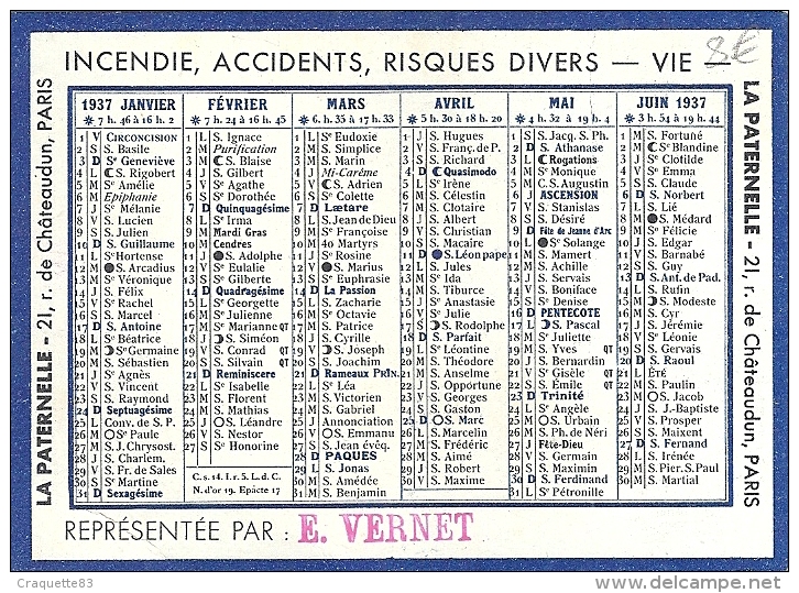 CALENDRIER 1937- LA PATERNELLE  RUE CHATEAUDUN PARIS- Mr VERNET - Kleinformat : 1921-40