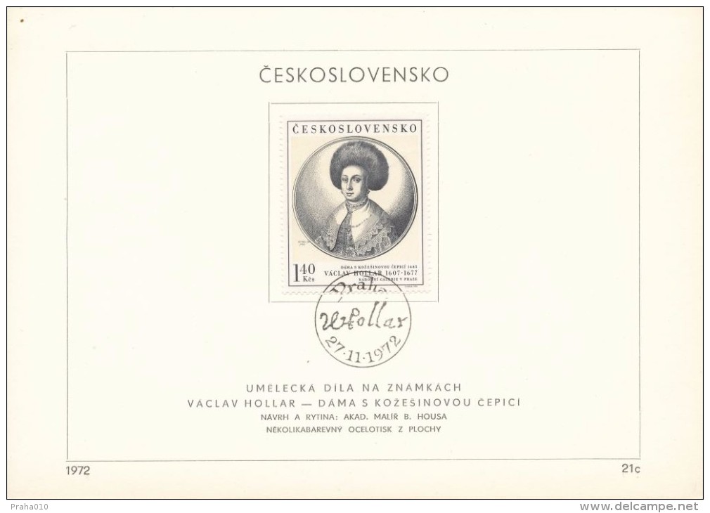 Czechoslovakia / First Day Sheet (1972/21c) Praha: Wenceslaus Hollar Bohemus (1607-1677) "Lady With Fur Hat" (1645) - Grabados