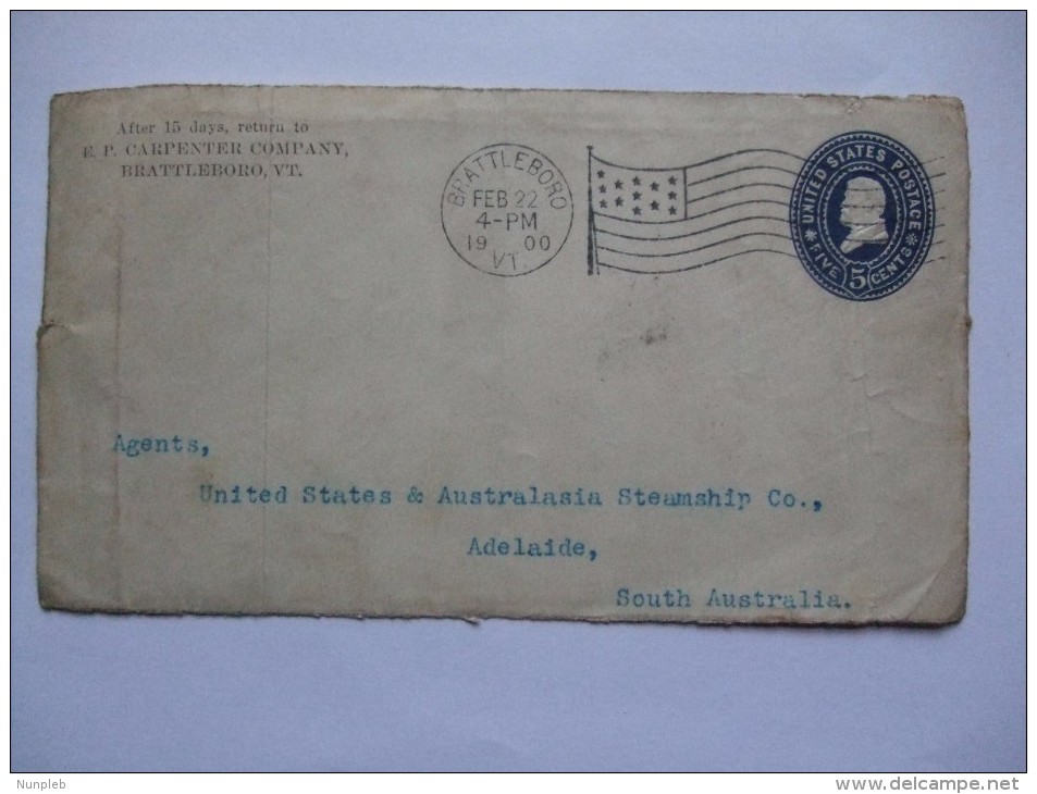 USA 1900 FRONT OF COVER BATTLEBORO FLAG CANCEL TO ADELAIDE SOUTH AUSTRALIA - Covers & Documents