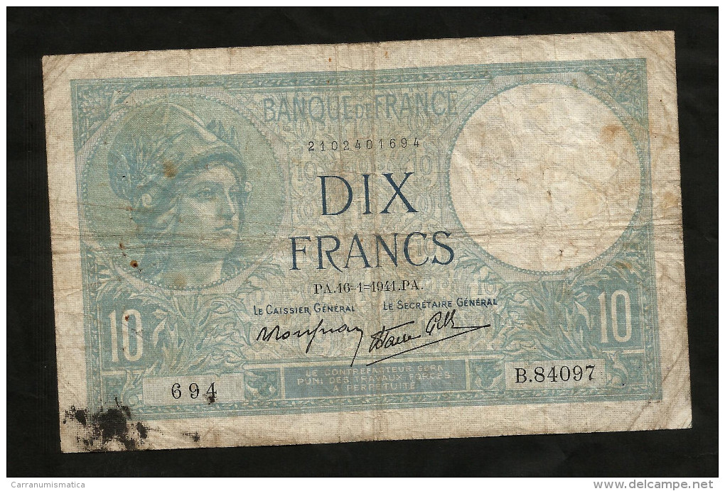 FRANCE - BANQUE De FRANCE - 10 Francs MINERVE (PA. 16 - 1 - 1941) - 10 F 1916-1942 ''Minerve''