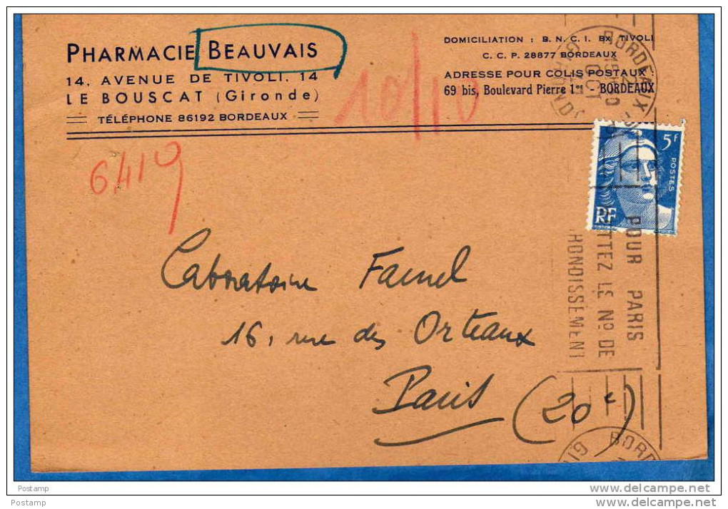 Marianne De Gandon- Sur Carte Commerciale- -5 Frs °719B Oct 1947-variété Hachuré Du Cou à Postes - Briefe U. Dokumente