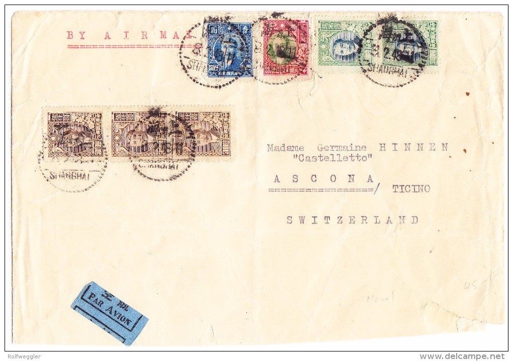 China Luftpost Brief Von Shanghai Nach Ascona Tessin - 1912-1949 République