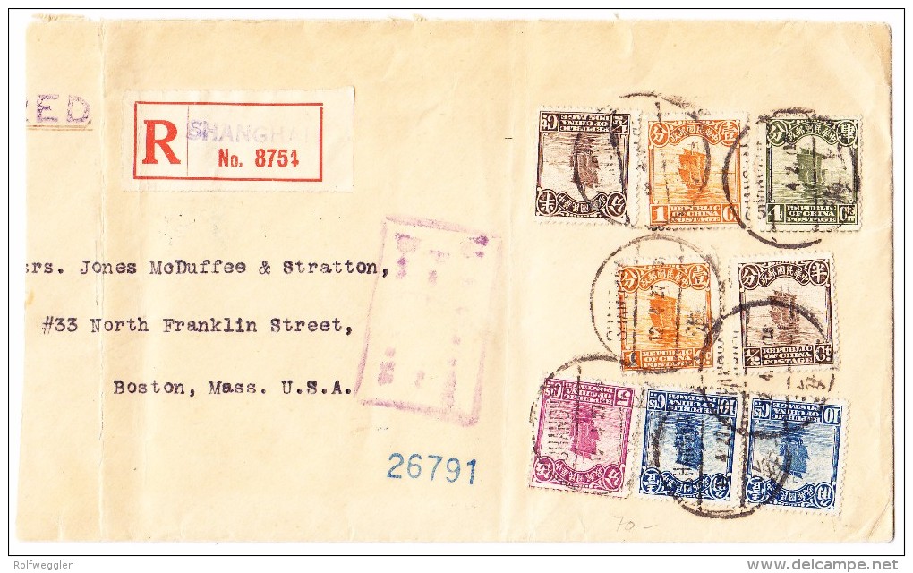 China R-Brief Shanghai Nach Boston USA ( Links Etwas Abgekürzt) - 1912-1949 République