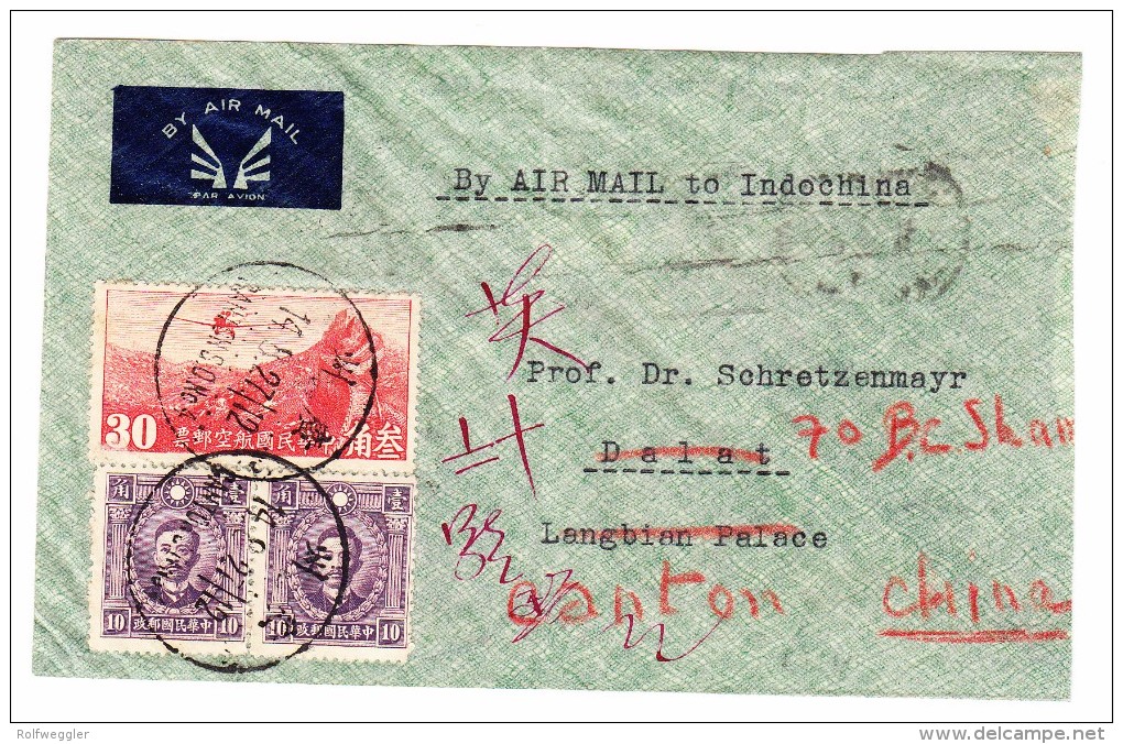 China Flugpost R-Brief Canton Nach Saigon (10.9.1938) Zurückgesendet - 1912-1949 République