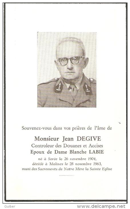 Jean Degive Controleur Des Douanes Srée 26 Nov.1904 Malinnes 28 Nov. 1963 - Obituary Notices