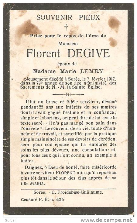 Florent Degive Sorée 1917 C. Froidebise Guillaume Censuré P.B.n.3215 - Todesanzeige