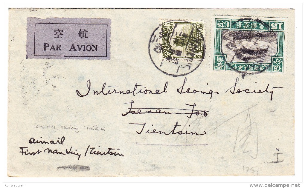 China Flugpost Brief Von Nankin 15.4.1931 Nach Tientsin - 1912-1949 République