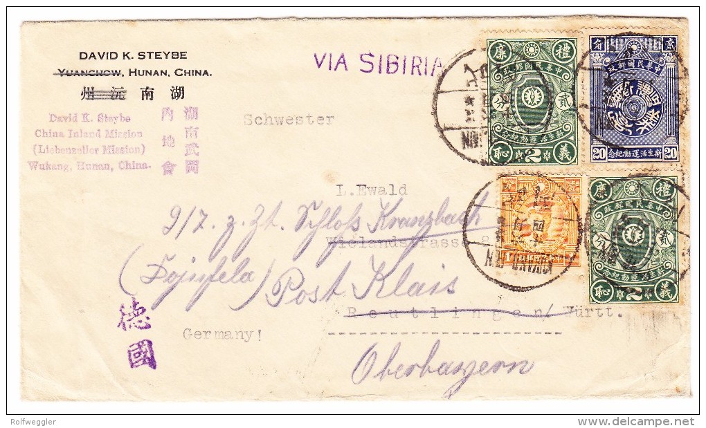 China Brief Aus Hunan 22.6.1925 Nach Reutlingen Weiter Post Klais Oberbayern - 1912-1949 République