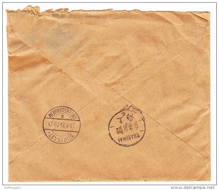 China R-Firmen Brief Shanghai Nach Stuttgart AK-Stempel 23.3.1935 Vermerk Im Kasten "Enthält Keine Zollpflichtige Ware.. - 1912-1949 République