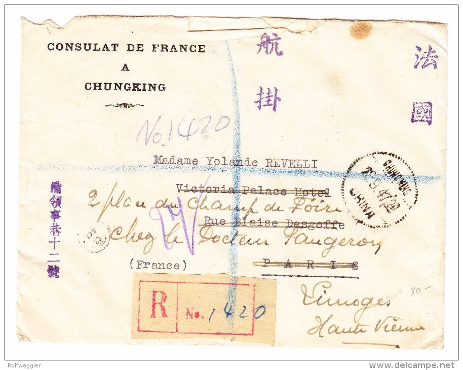 China R-Brief Consulat De France Chungking 22.9.1947 Nach Limoges F Mit AK-Stempel - 1912-1949 République