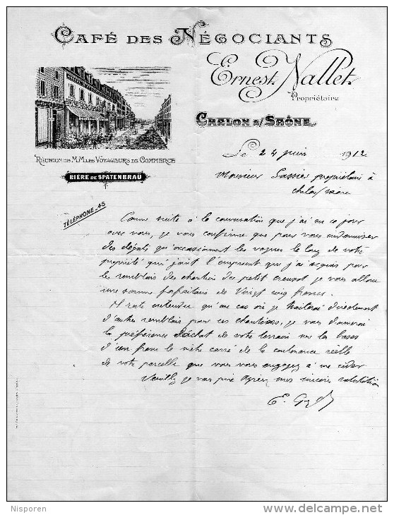Café Des Négociants Chalon-sur-Saone Courrier à Monsieur Sassier -Ernest Nallet - 1900 – 1949