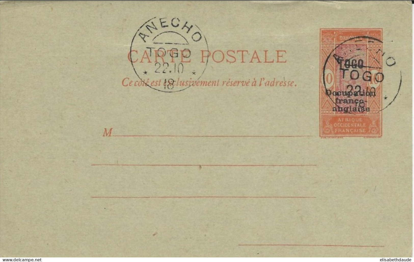 TOGO - OCCUPATION FRANCAISE - 1918 - CARTE ENTIER POSTAL OBLITEREE ANECHO - Briefe U. Dokumente