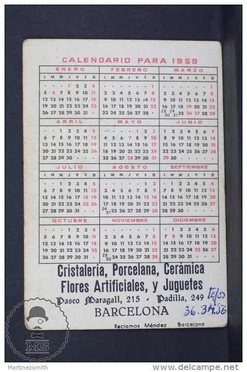 1959 Small/ Pocket Calendar - Grace Kelly Actress - Spanish Advertising On Back - Tamaño Pequeño : 1941-60