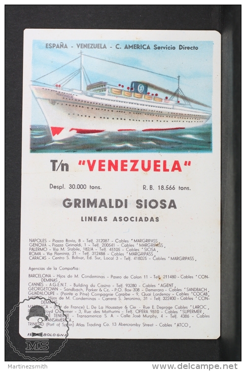 1960 Small/ Pocket Calendar - Grimaldi Siosa - Spain - Venezuela Cruise Ship/ Boat - Tamaño Pequeño : 1941-60