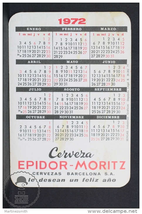 1972 Small/ Pocket Calendar - Spanish Epidor Moritz Beer Advertising - Retro Sexy Brunette Topless Girl - Tamaño Pequeño : 1971-80