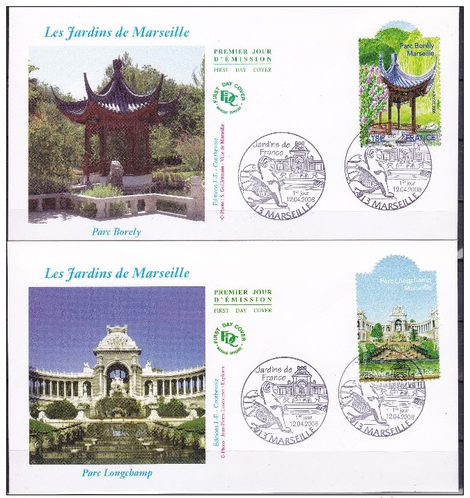 FRANCE 2008  2 FDC   ENVELOPPE 1  Er JOUR  LES JARDINS DE MARSEILLE - 2000-2009