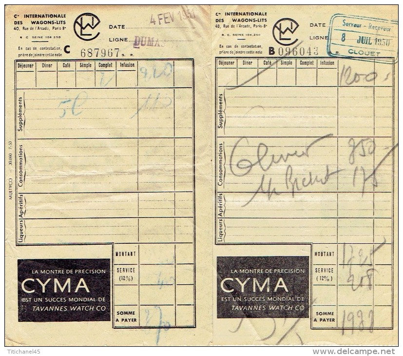 2 Factures  De 1950 De La Cie INTERNATIONALE DES WAGONS-LITS 40 Rue De L'Arcade PARIS-8e - Transportmiddelen