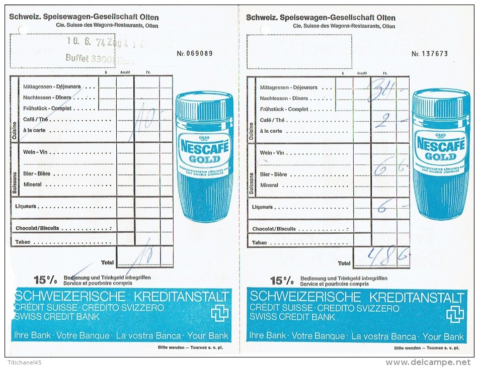 2 Factures  De 1974 De La Cie SUISSE DES WAGONS-RESTAURANTS OLTEN - Suisse