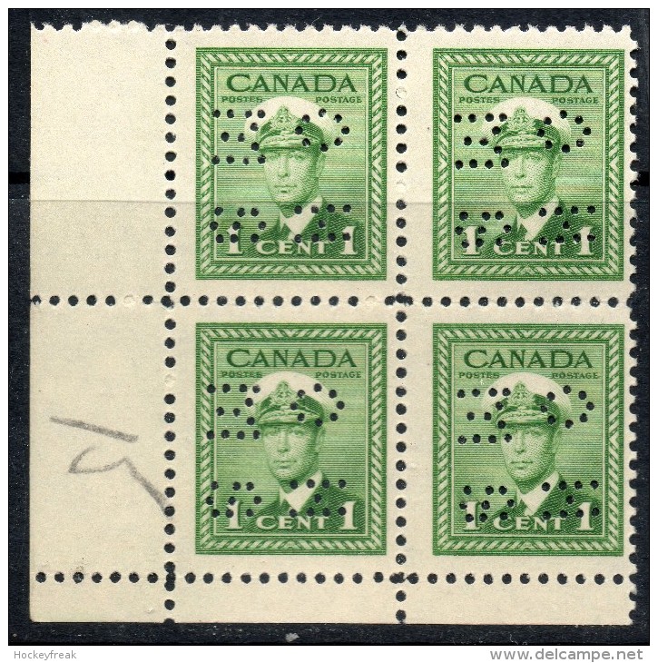 Canada 1942- 1c Green War Effort In Block Of 4  Perf  Punctured Position F Die II OHMS SG O137 MNH Cat £8+   See - Perforés