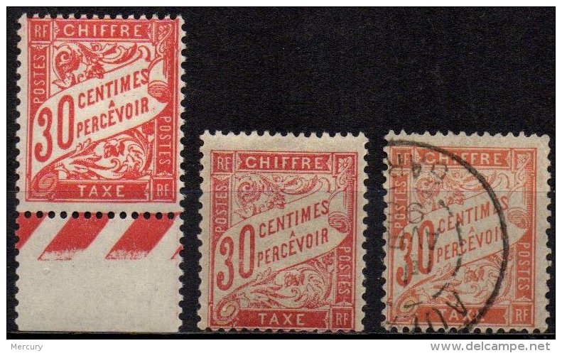 FRANCE - 30 C. Taxe Neuf Rouge Carminé Sur Papier Blanc Et GC LUXE Et Rouge-orange Oblitéré Signe Margue TTB - 1859-1959 Oblitérés