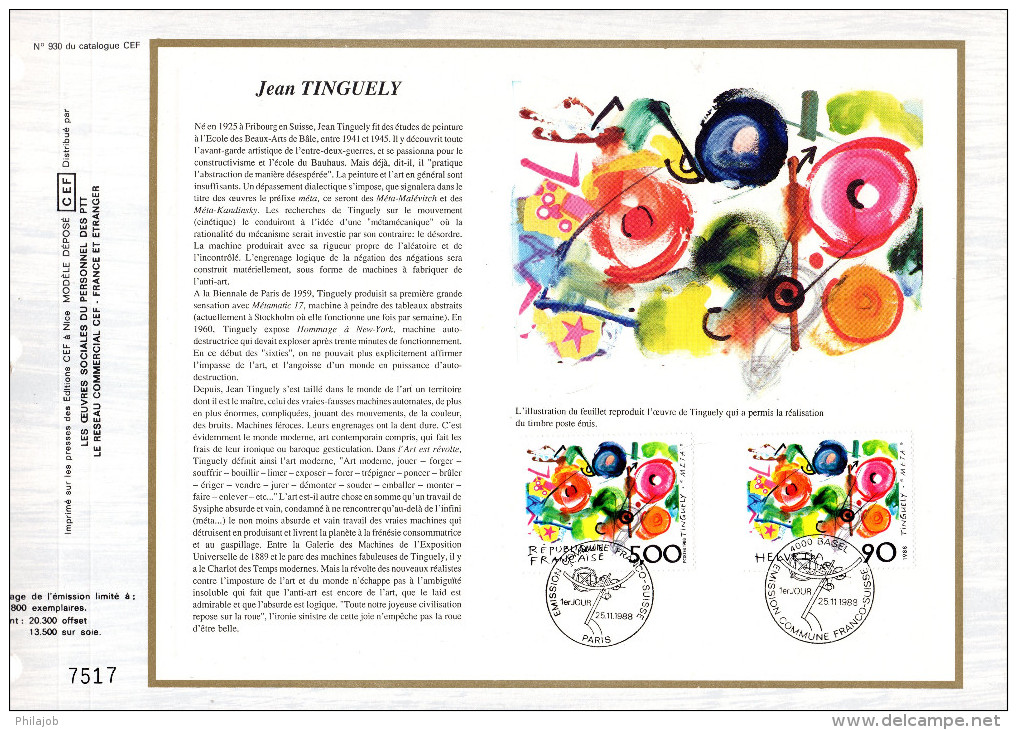 FRANCE - SUISSE 1988 " META De JEAN TINGUELY " Sur Feuillet CEF 1er Jour. N° YT 2557 + Suisse N° YT 1308 - Emissions Communes