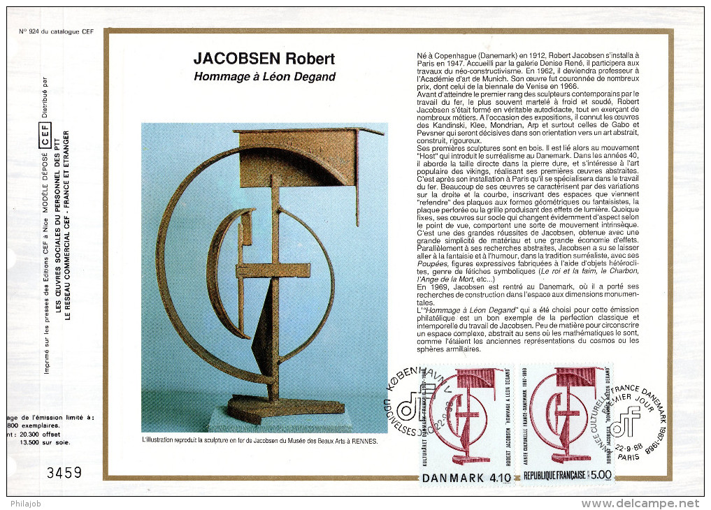 FRANCE - DANEMARK 1988 " SCULPTURE De ROBERT JACOBSEN " Sur Feuillet CEF 1er Jour. N° YT 2551 + Danemark N° YT 931. - Emissions Communes