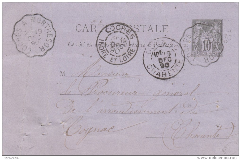 ENTIER SAGE 10C SUR CPCONVOYEUR LOCHES A MONTRESOR +CHATEAUROUX A TOURS 19/12/90 +CAD LOCHES +COGNAC   TDA38 - 1877-1920: Semi Modern Period