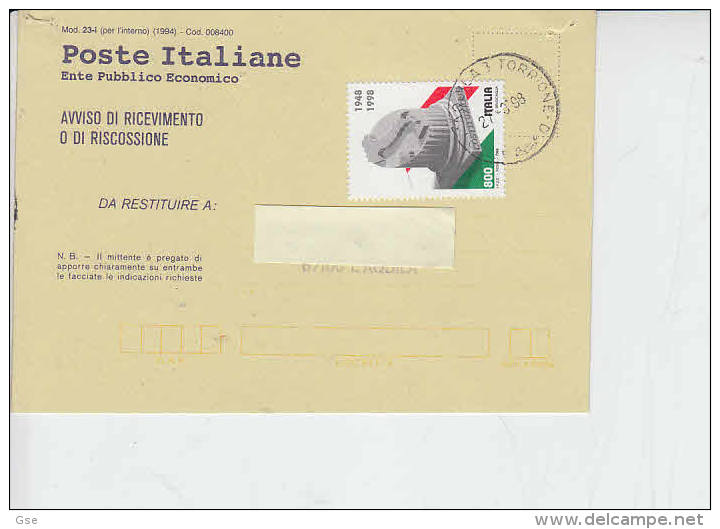 ITALIA  1998 -  Ricevuta Di Ritorno - Sassone  2326 -  Costituzione - 1991-00: Storia Postale