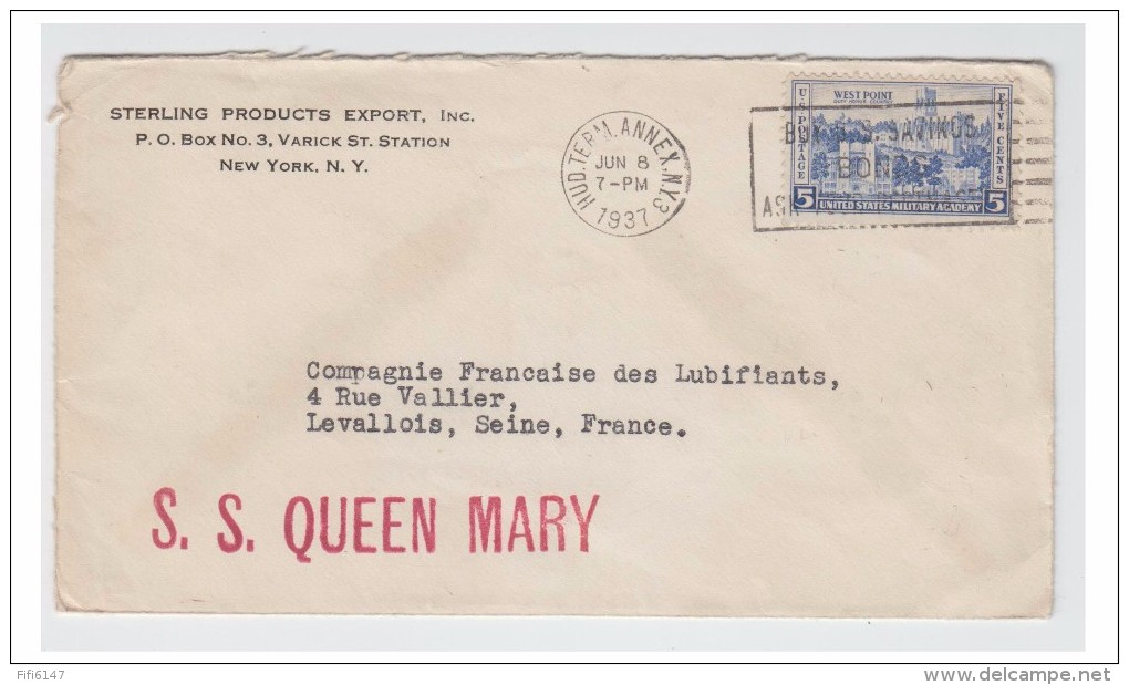 -- FRANCE -- POSTE MARITIME -- LETTRE DE NEW YORK POUR LEVALLOIS --- MARQUE LINEAIRE "S.S. QUEEN MARY "-- 1937 -- - 1849-1876: Klassieke Periode