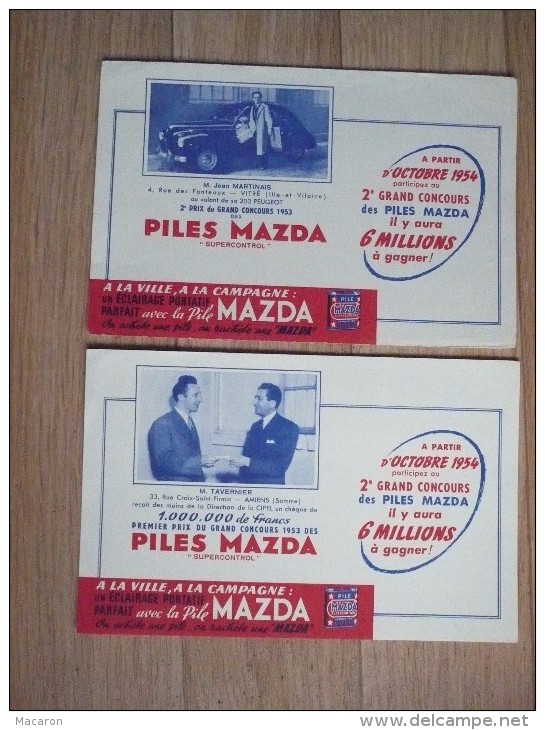 2 BUVARD Piles MAZDA Super Control Grand Concours 1953 Photosdes Gagnants. PEUGEOT 203. TBon Etat - Baterías