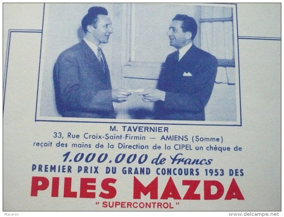 2 BUVARD Piles MAZDA Super Control Grand Concours 1953 Photosdes Gagnants. PEUGEOT 203. TBon Etat