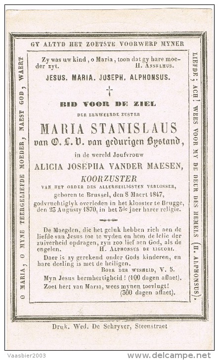 BRUSSEL - BRUGGE, Doodsprentje Van ZUSTER MARIA STANISLAUS (Alicia Vander Maesan) + 1870 - Religion & Esotérisme