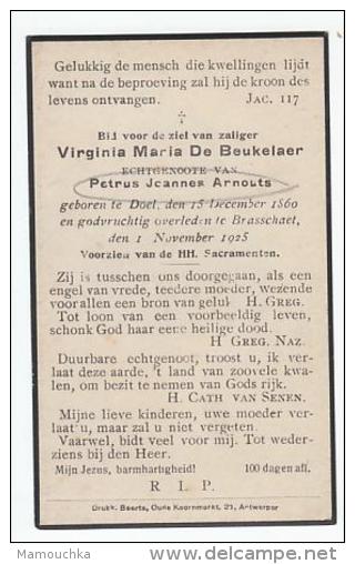 Doodsprentje Virginia Maria DE BEUKELAER Echtg. Petrus Joannes Arnouts Doel 1860 Brasschaet 1925 (foto) - Images Religieuses