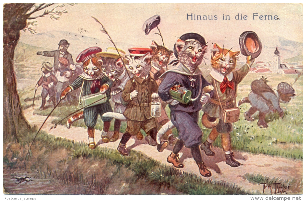 Katze, Katzen "Hinaus In Die Ferne", Sign. Arthur Thiele - Thiele, Arthur