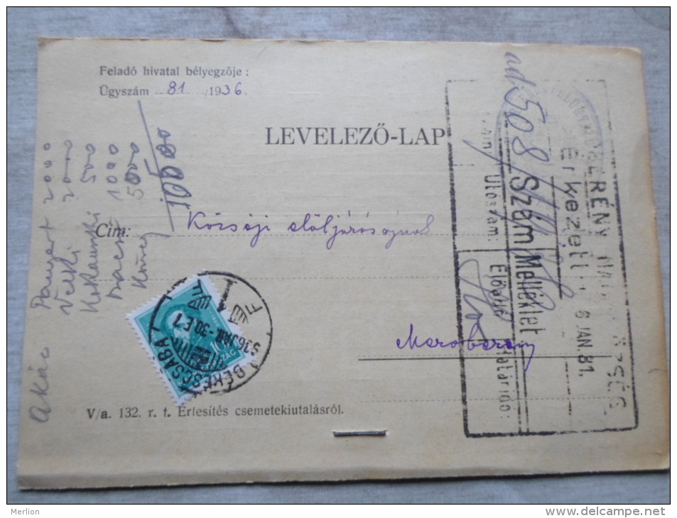 Hungary- Békéscsaba  M.kir.Erdöfelügyelöség  --to Mezöberény  1936   D128894 - Storia Postale