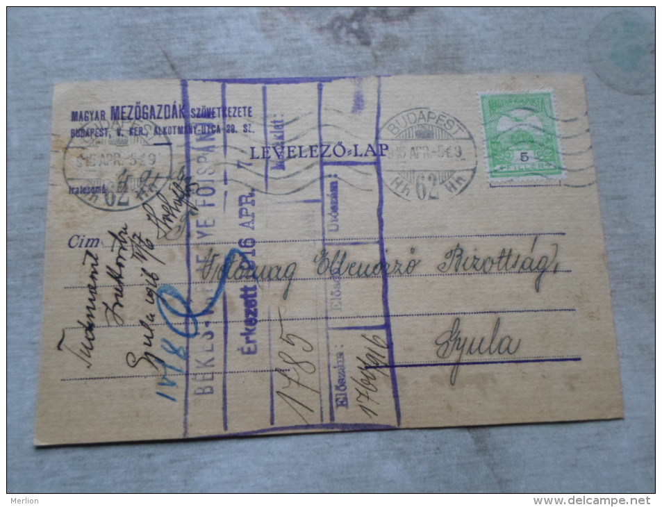 Hungary- Budapest  M.Mezög. Szöv. To Gyula - 1916 -Békés Vármegye Föispánja  Handstamp    D128897 - Cartas & Documentos