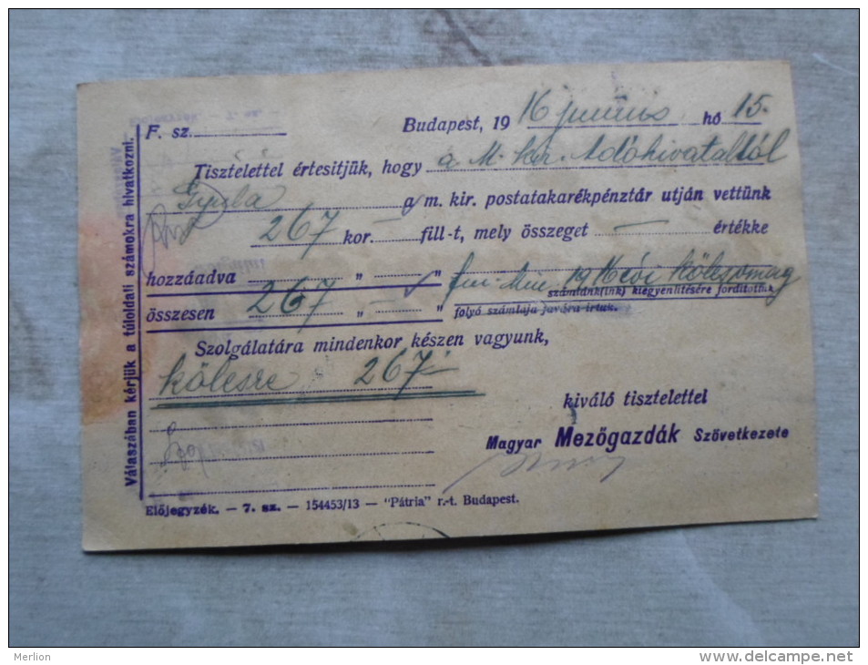 Hungary- Magyar Mezögazdák Szöv. Budapest -sent To Gyula -Vármegyeház  - Békés Vm.  1916      D128900 - Lettres & Documents