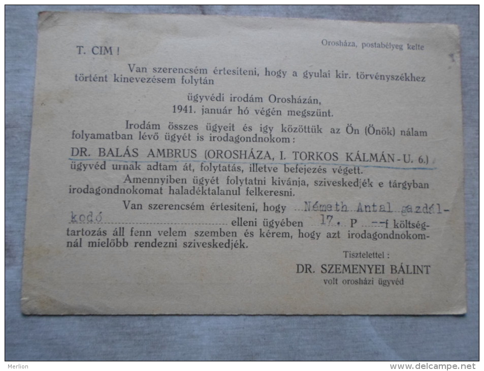 Hungary-  Orosháza   1941 --Dr. Szemenyei Bálint       D128902 - Lettres & Documents