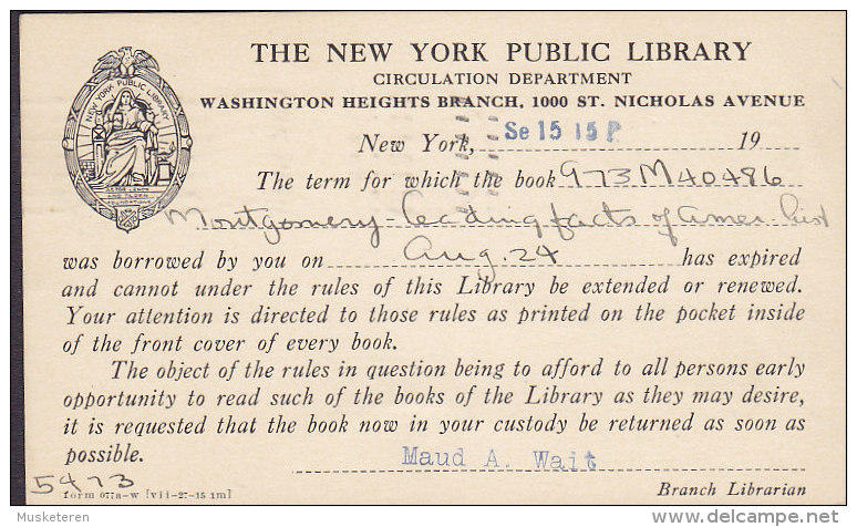 United States Postal Stationery Ganzsache Entier PRIVATE Print NEW YORK PUBLIC LIBRARY, NEW YORK Station M. 1915 2 Scans - 1901-20