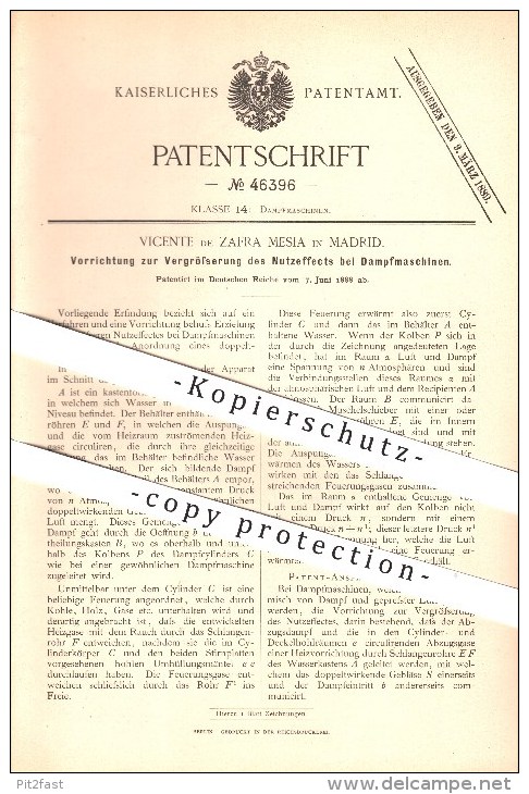 Original Patent - Vicente De Zafra Mesia In Madrid , Spanien , 1888 , Vorrichtung Für Dampfmaschinen !!! - Documentos Históricos