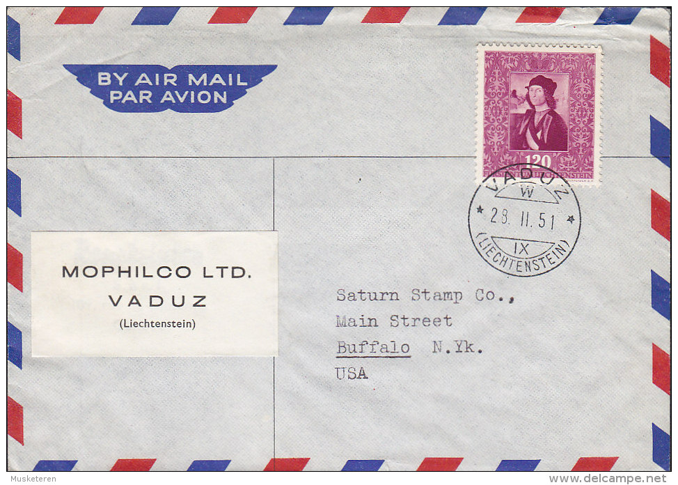 Liechtenstein Airmail Par Avion MOPHOLCO Label VADUZ 1951 Cover Lettre BUFFALO United States Etats Unis Raffael Timbre - Lettres & Documents