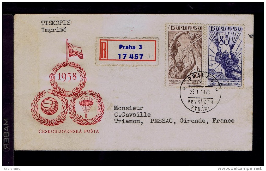 Militar Sports Fdc 1958 Parachutisme Skydiving Volley-ball Ceskoslovensko Praha Gironde Sp120 - Fallschirmspringen